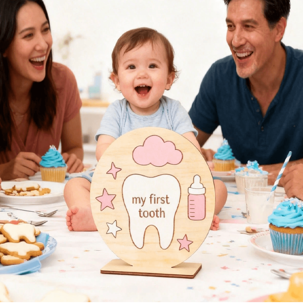 Baby with parents at a table with a 'my first tooth' sign, surrounded by cupcakes and cookies.