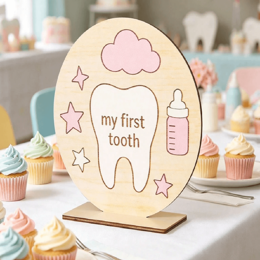 Decorative sign with 'my first tooth' text and baby bottle illustration on a stand, surrounded by cupcakes.