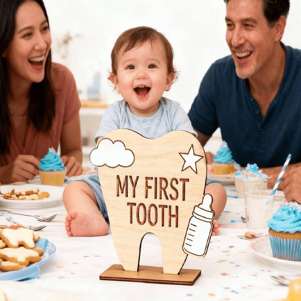 Baby with 'My First Tooth' sign at a celebration with family