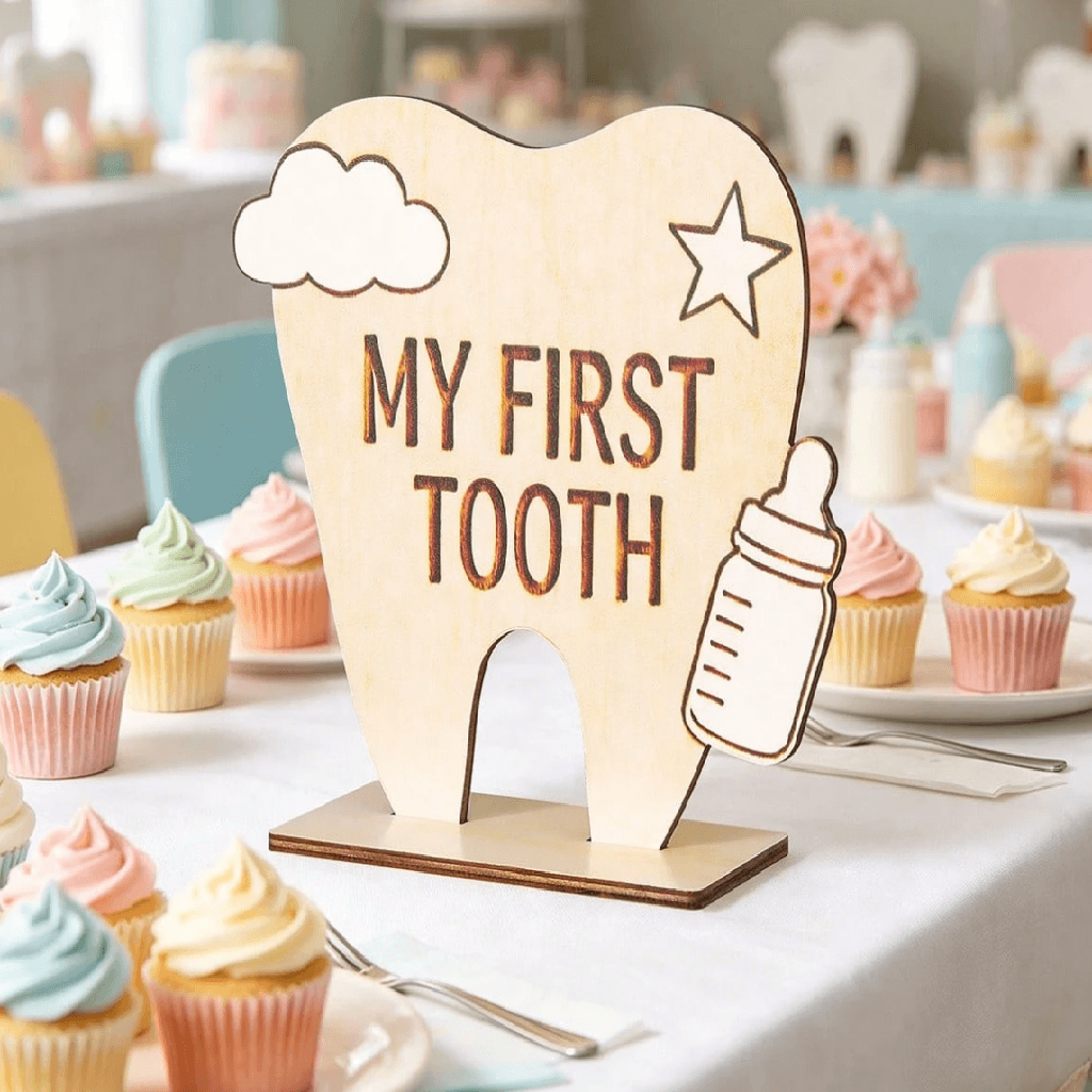 Wooden plaque with 'My First Tooth' text on a table with cupcakes