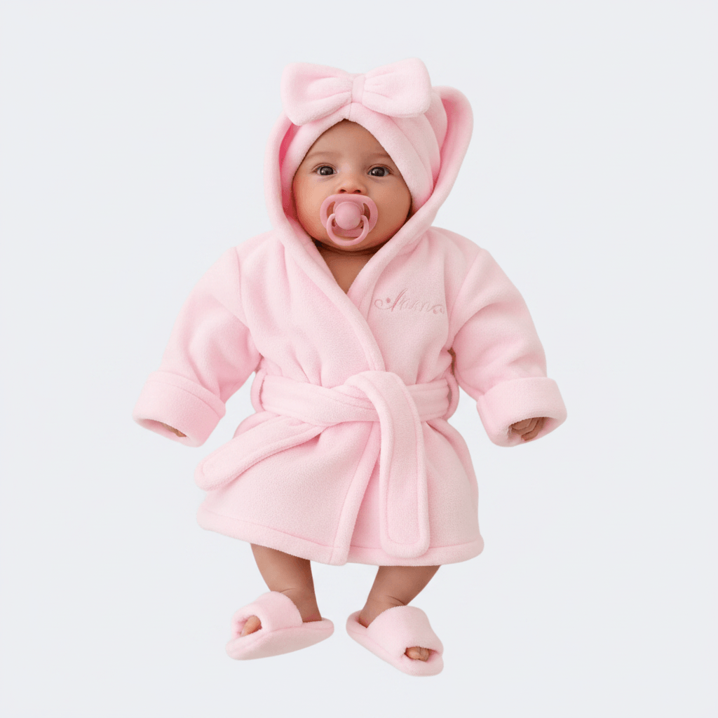 Baby wrapped in a pink robe with hat and slippers