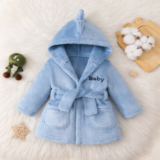 Blue baby robe with 'Baby' embroidery on a white background