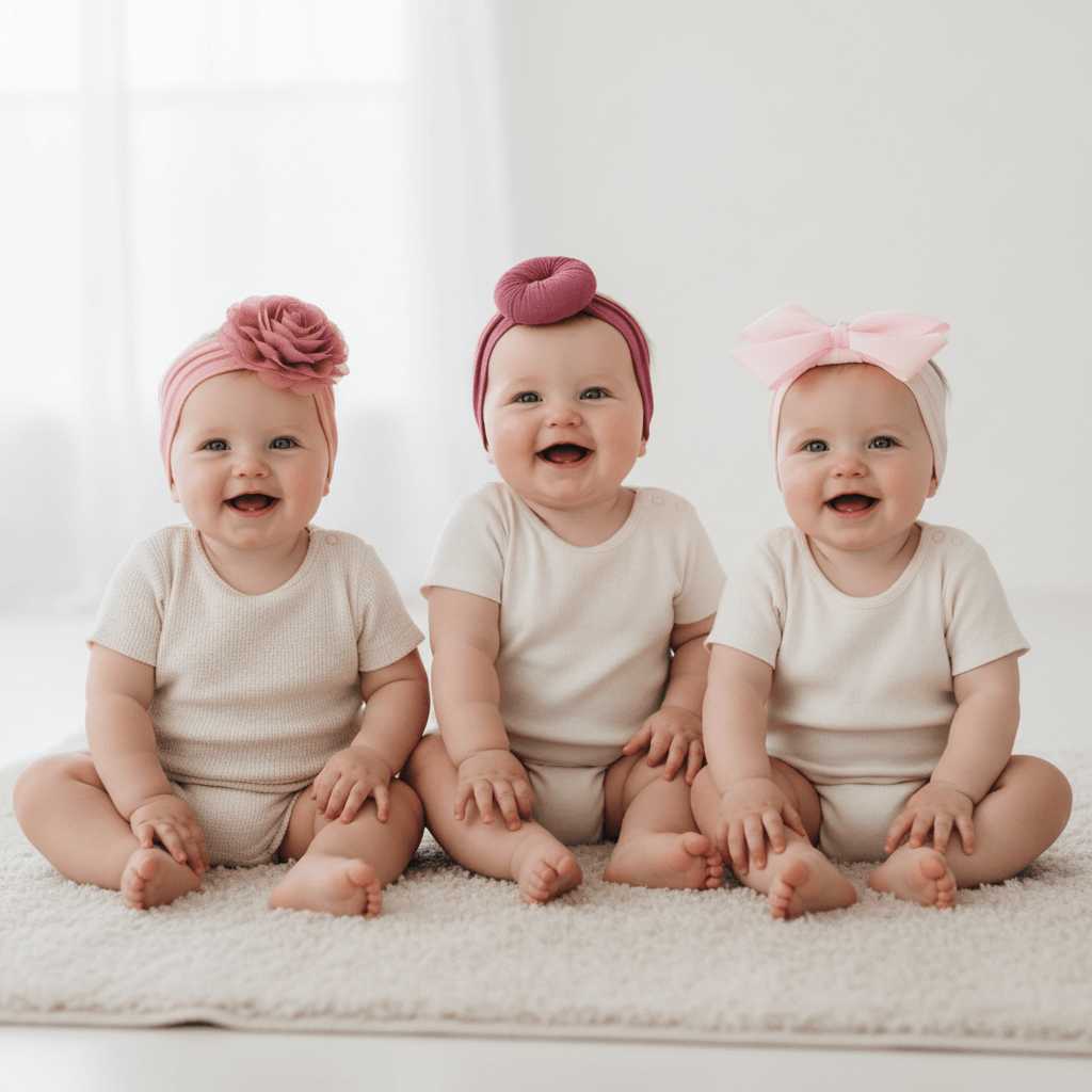 Set of three colorful headbands with floral and bow designs on a light gray background