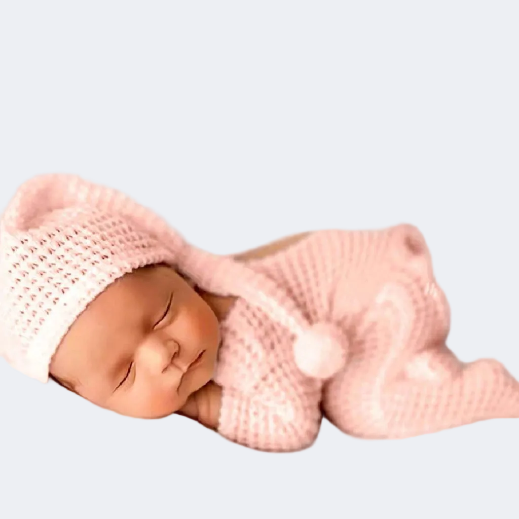 Newborn baby wearing a pink knitted outfit on a light gray background