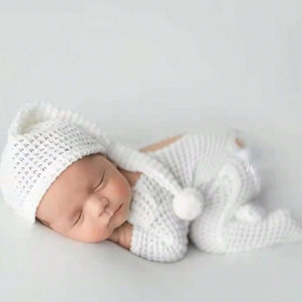 Newborn baby wearing a white knitted outfit on a light gray background