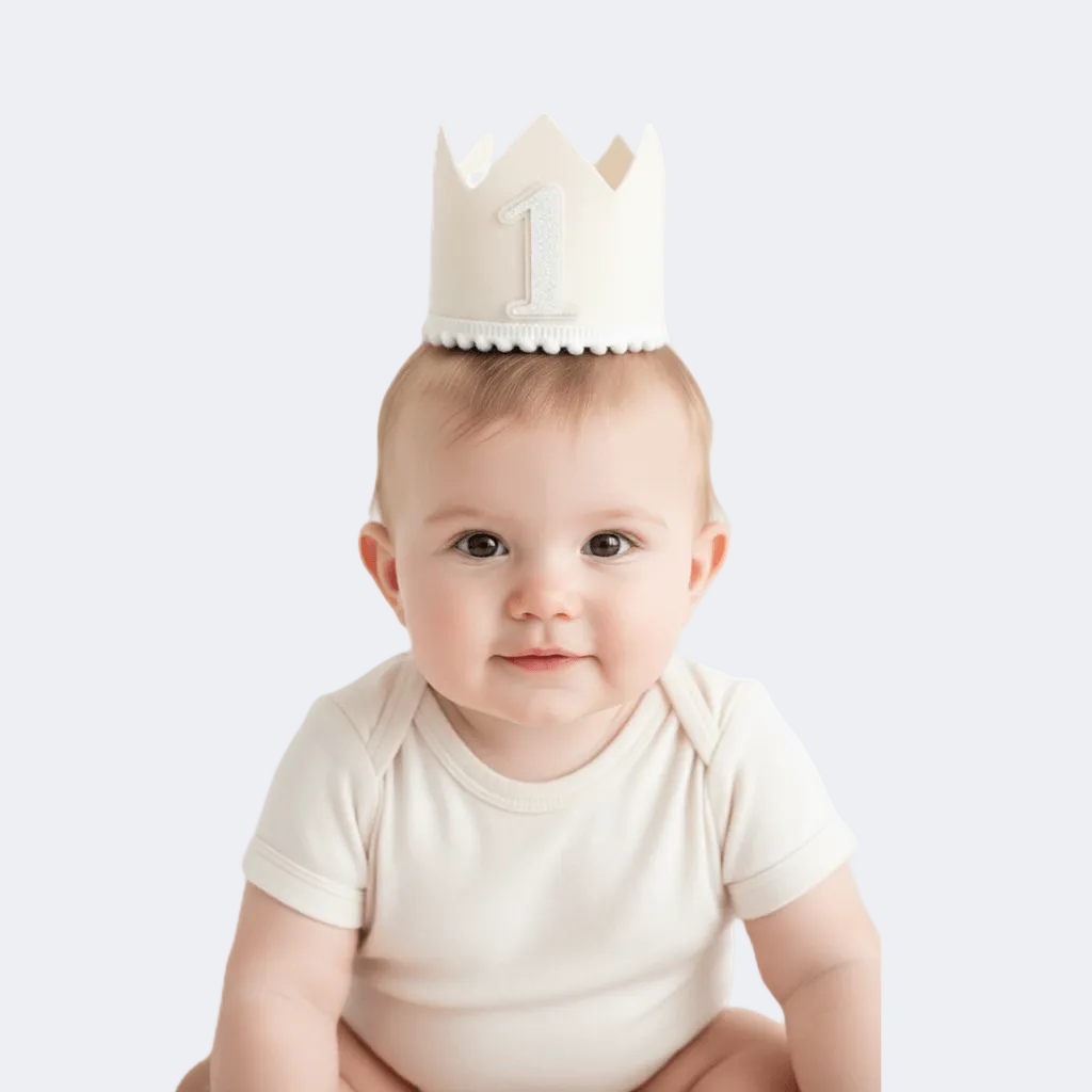 Baby wearing a white birthday crown with the number 1 on a white background