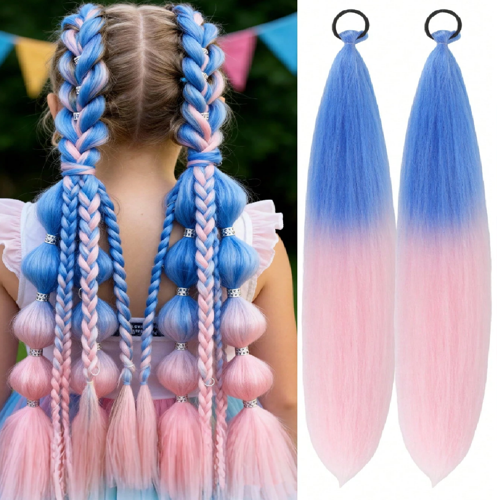 Blue and pink hair extensions with braided style on a blurred background