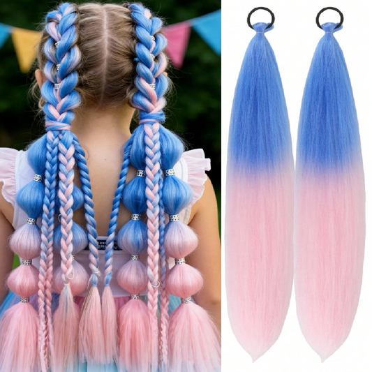 Blue and pink hair extensions with braided style on a blurred background