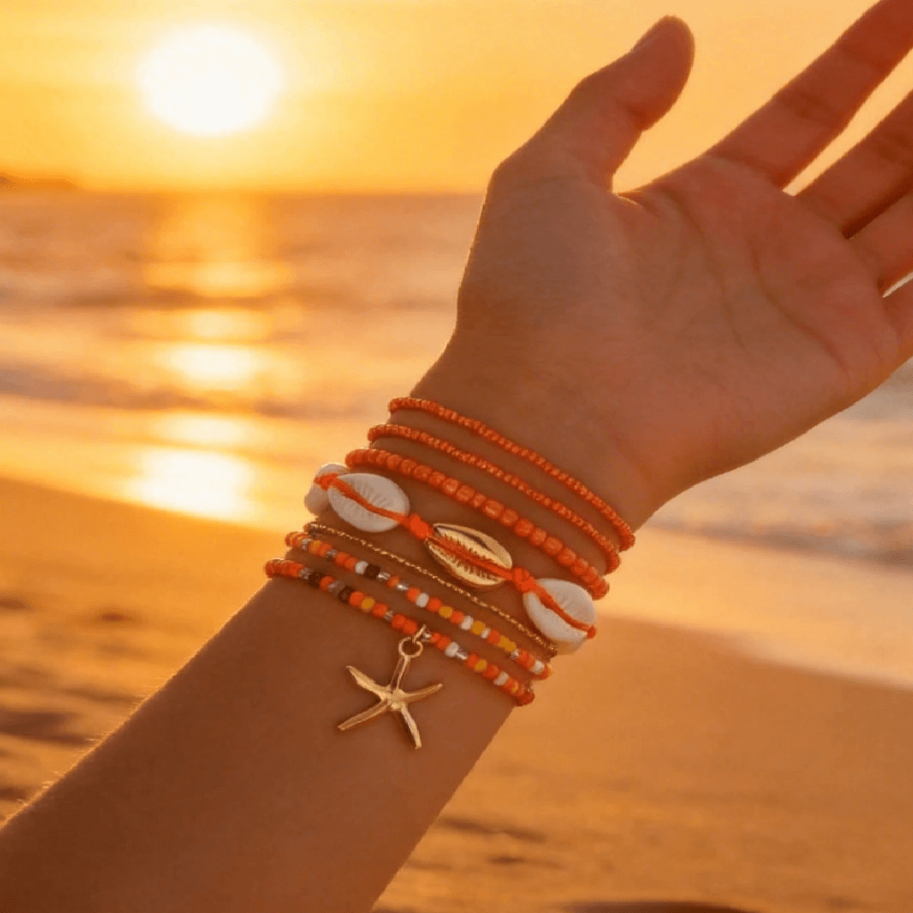 A close-up of a person's wrist wearing a stack of bohemian-style bracelets, including orange beads, white cowrie shells, and a gold starfish charm, set against a warm beach sunset background.