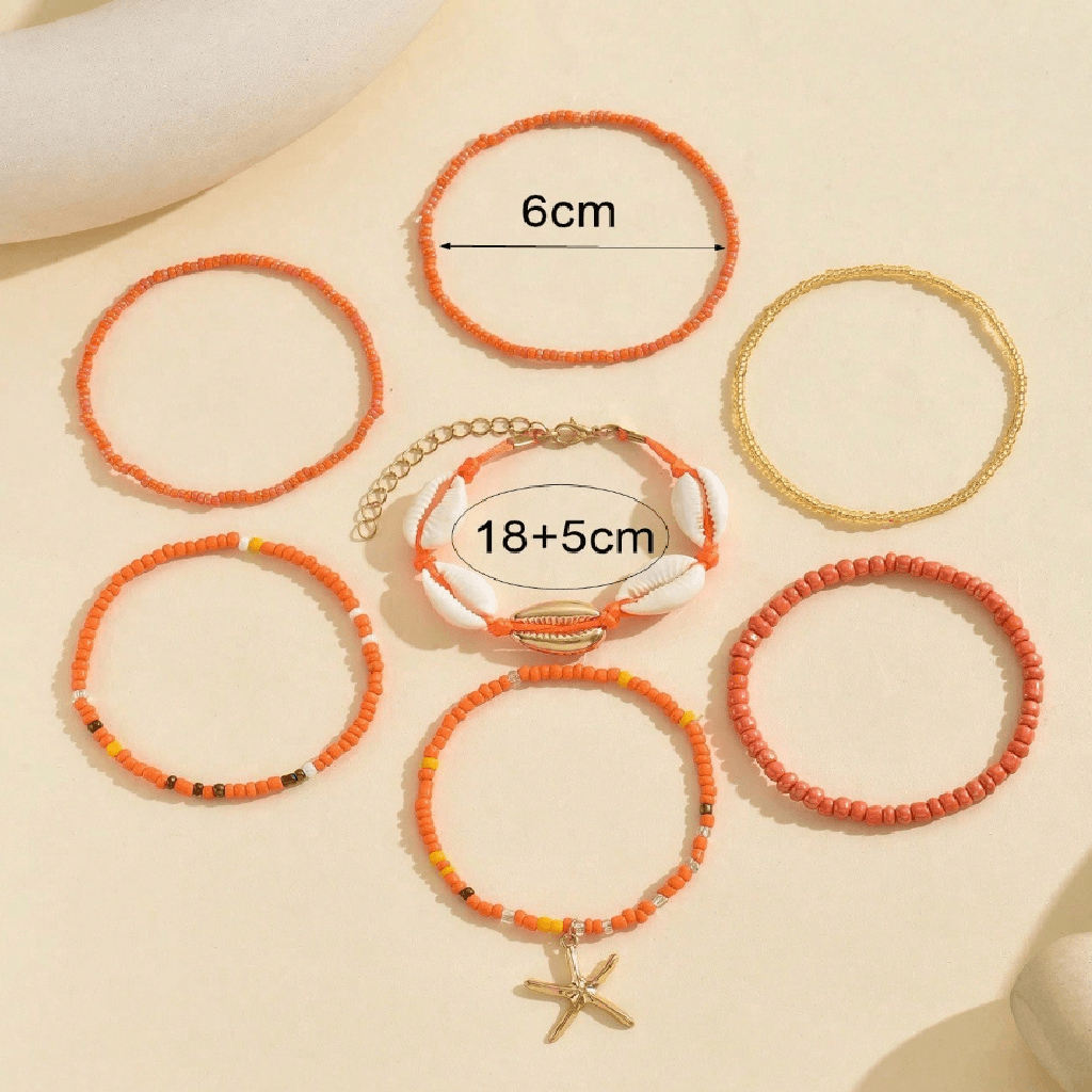 Six beaded bracelets arranged on a light beige background with overlaid size measurements: two labeled 6cm, one labeled 18+5cm, and one with a small chain extender. The bracelets include orange, coral, white, gold, and some black accents, with one bracelet featuring a starfish charm.