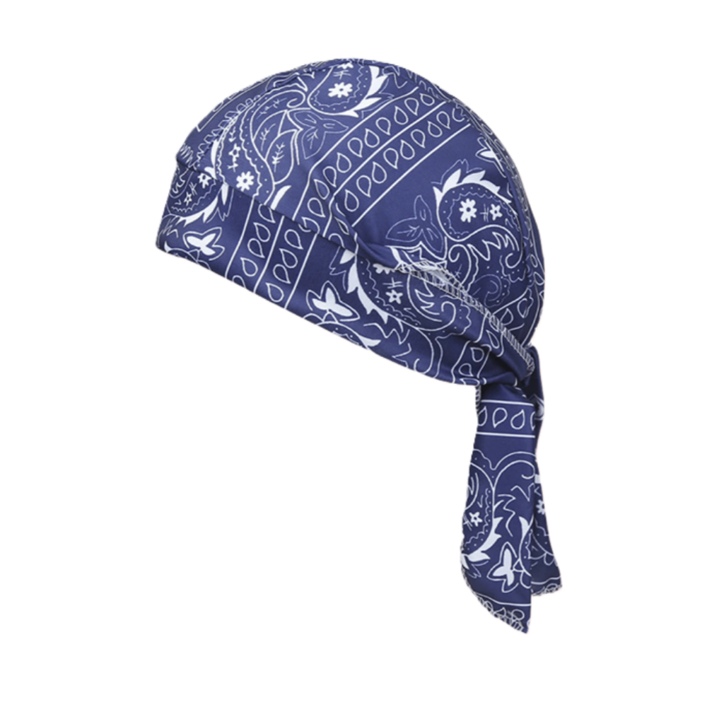 Blue bandana with white patterns on a white background