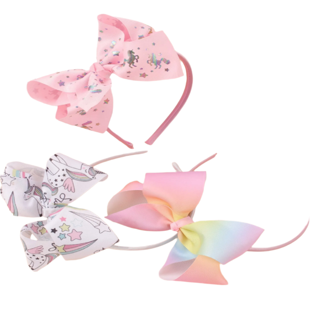 Three colorful headbands with bow designs