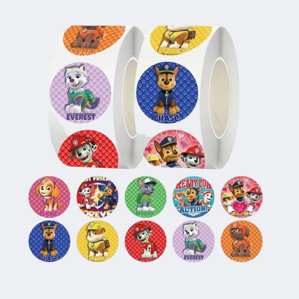 Roll of Paw Patrol-themed stickers with various characters on a white background