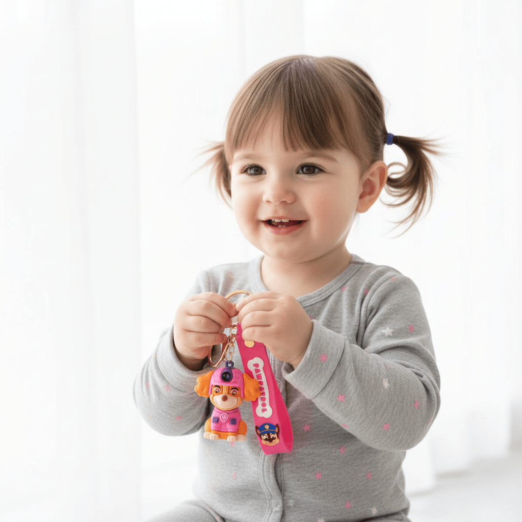 Pink keychain with a character from Paw Patrol on a textured surface
