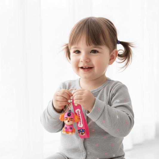 Pink keychain with a character from Paw Patrol on a textured surface