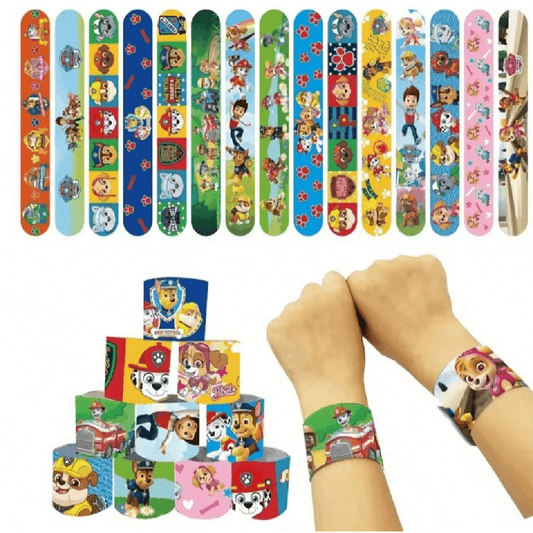 Colorful slap bracelets with cartoon characters, including a child wearing one, on a white background.