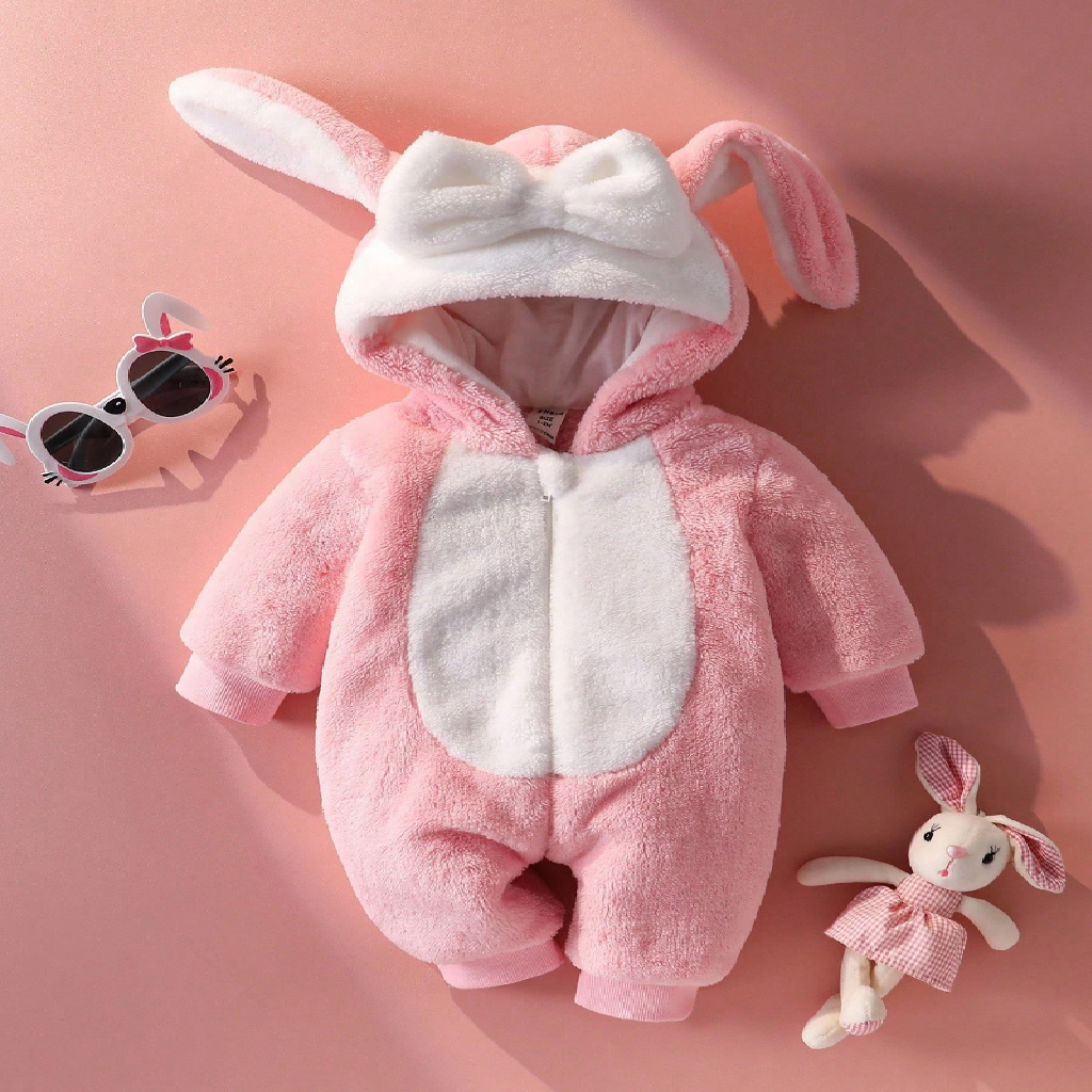 Pink and white bunny onesie with sunglasses and a toy on a pink background