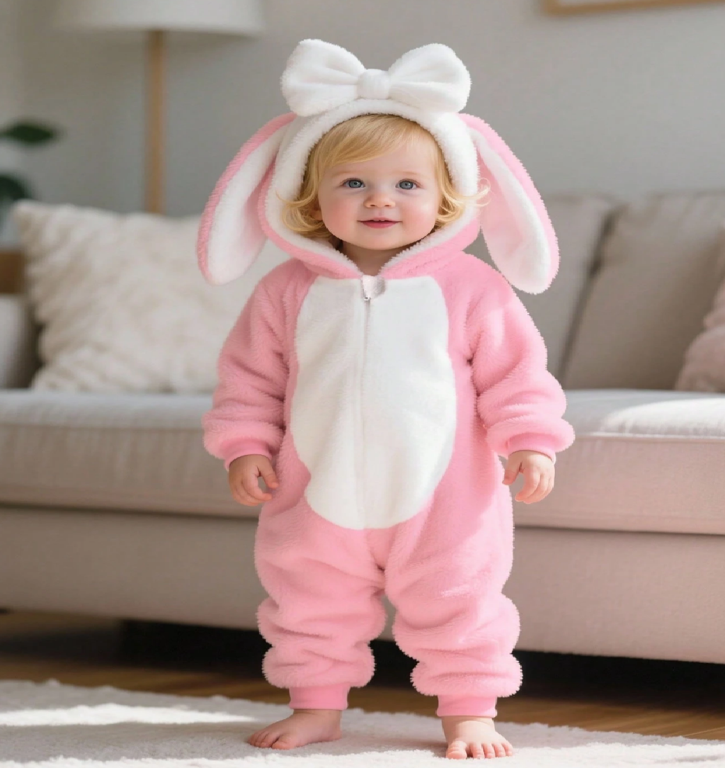 Child wearing a pink bunny onesie with a white bow in a living room.