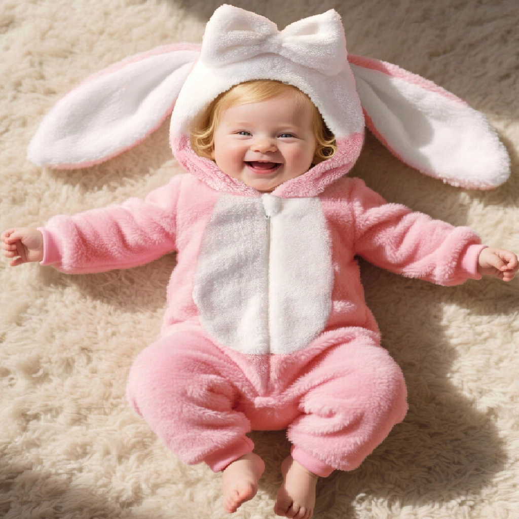 Baby in a pink bunny costume with a bow on a beige carpet