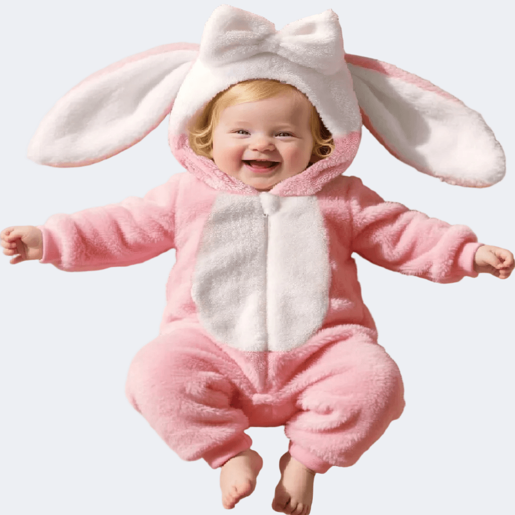 Baby in a pink bunny costume with a white bow on a light gray background