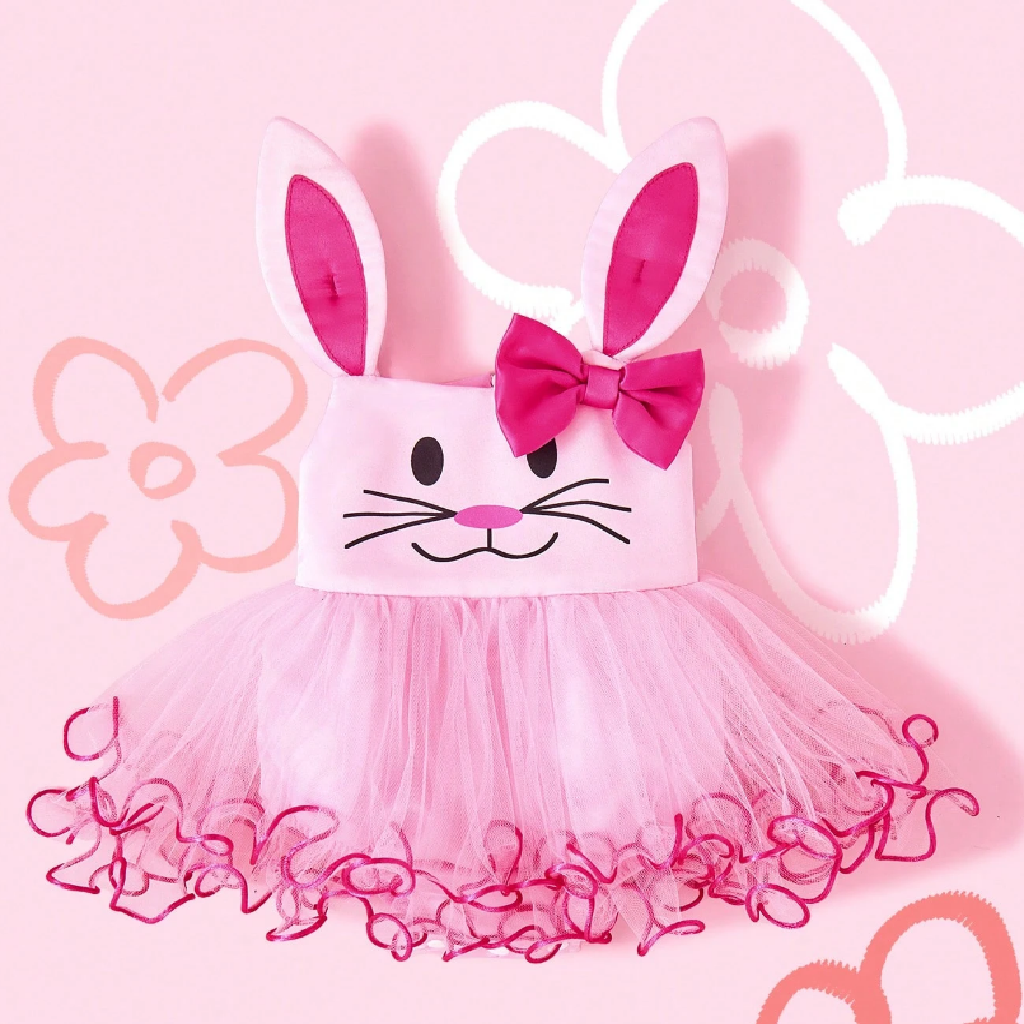 Pink bunny costume with ears and bow on a pink background