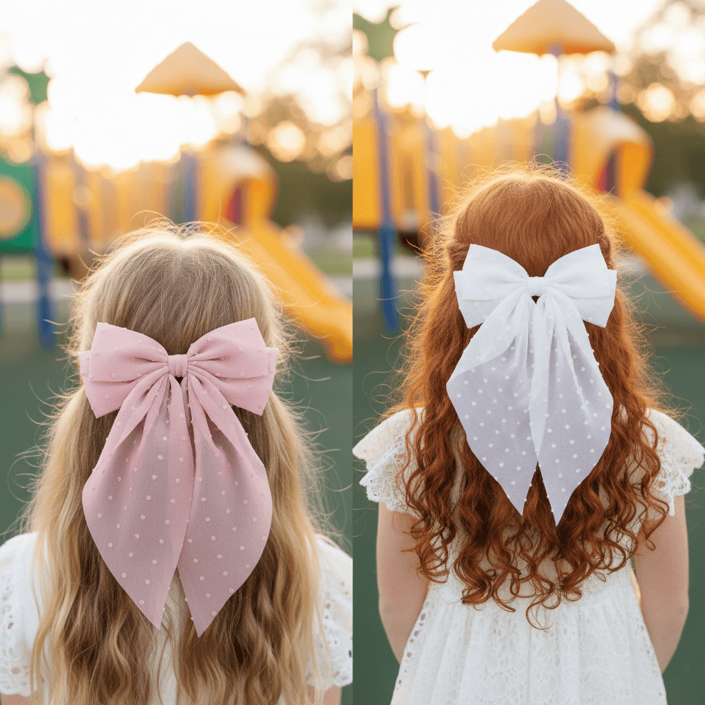 Woman with long blonde hair wearing a large white and Pink polka dot bow in her hair, against a plain background.