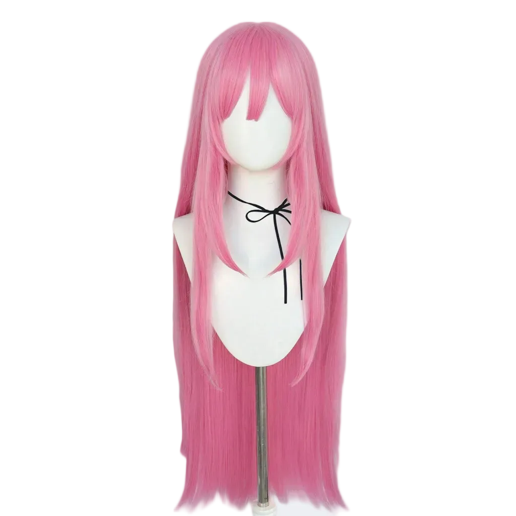 Pink wig on a mannequin head against a white background