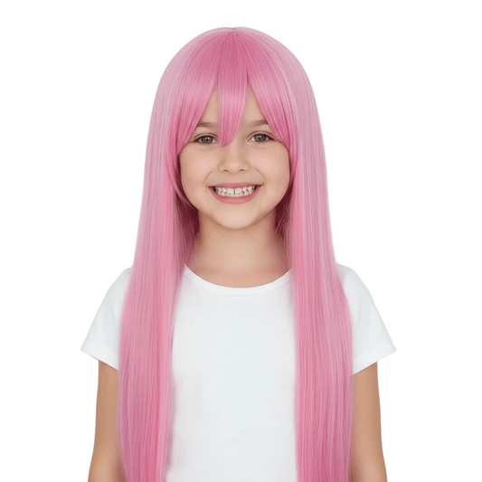 A young girl with a bright pink straight wig and bangs, wearing a white t-shirt against a plain white background.