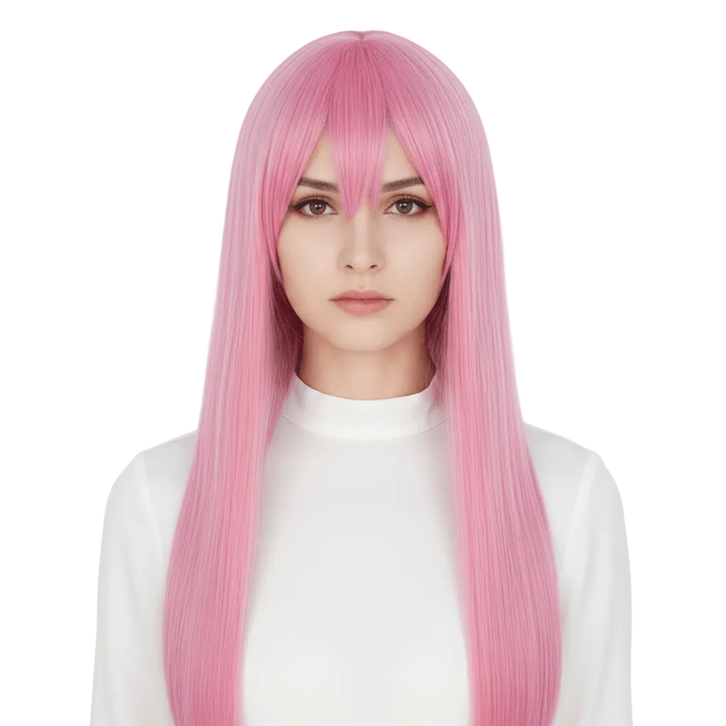 A long straight pink wig with bangs worn by a model in a white mock-neck top against a plain light gray background.