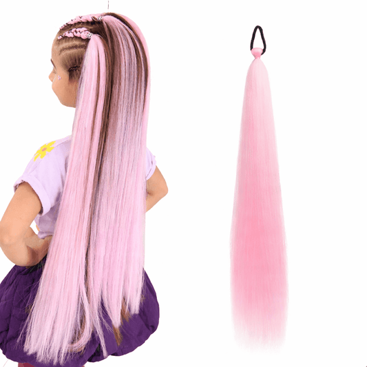 Pink hair extension with a child wearing it, on a white background