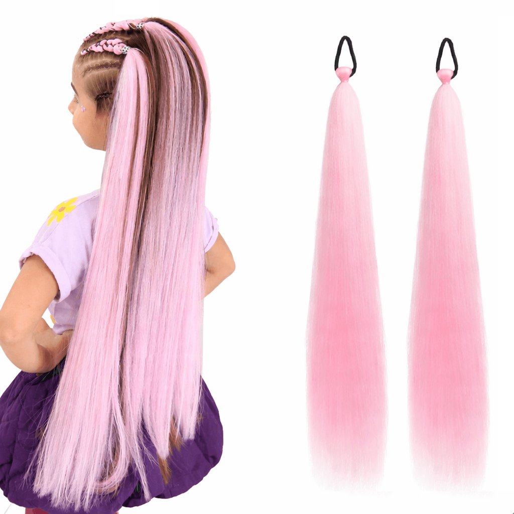 Child with pink hair extensions and two pink hair extensions on a white background
