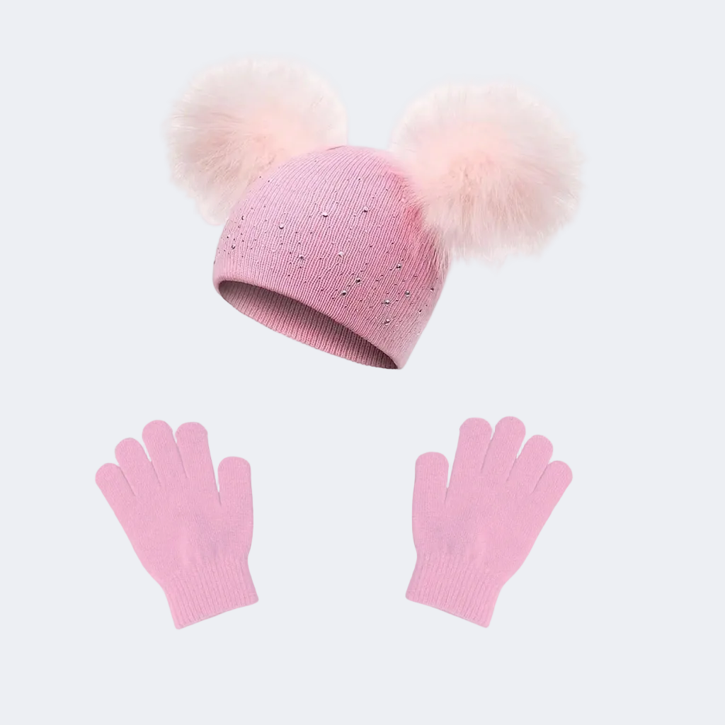 Pink beanie with pom-pom and matching gloves on a white background