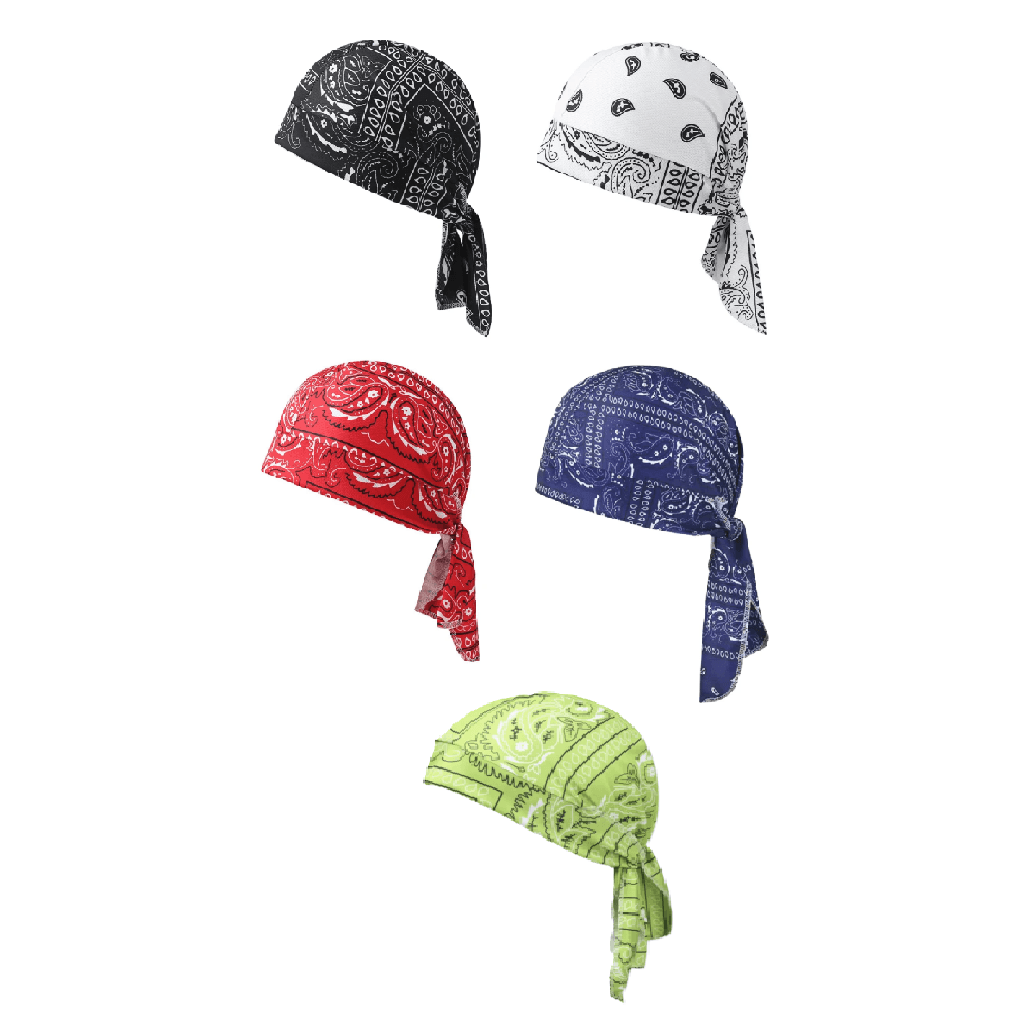 Five bandana-style headwraps shown on a plain white background, each tied in a rear knot. The colors shown are black and white, white and black, red and white, blue and white, and lime green and white, all with a paisley print.