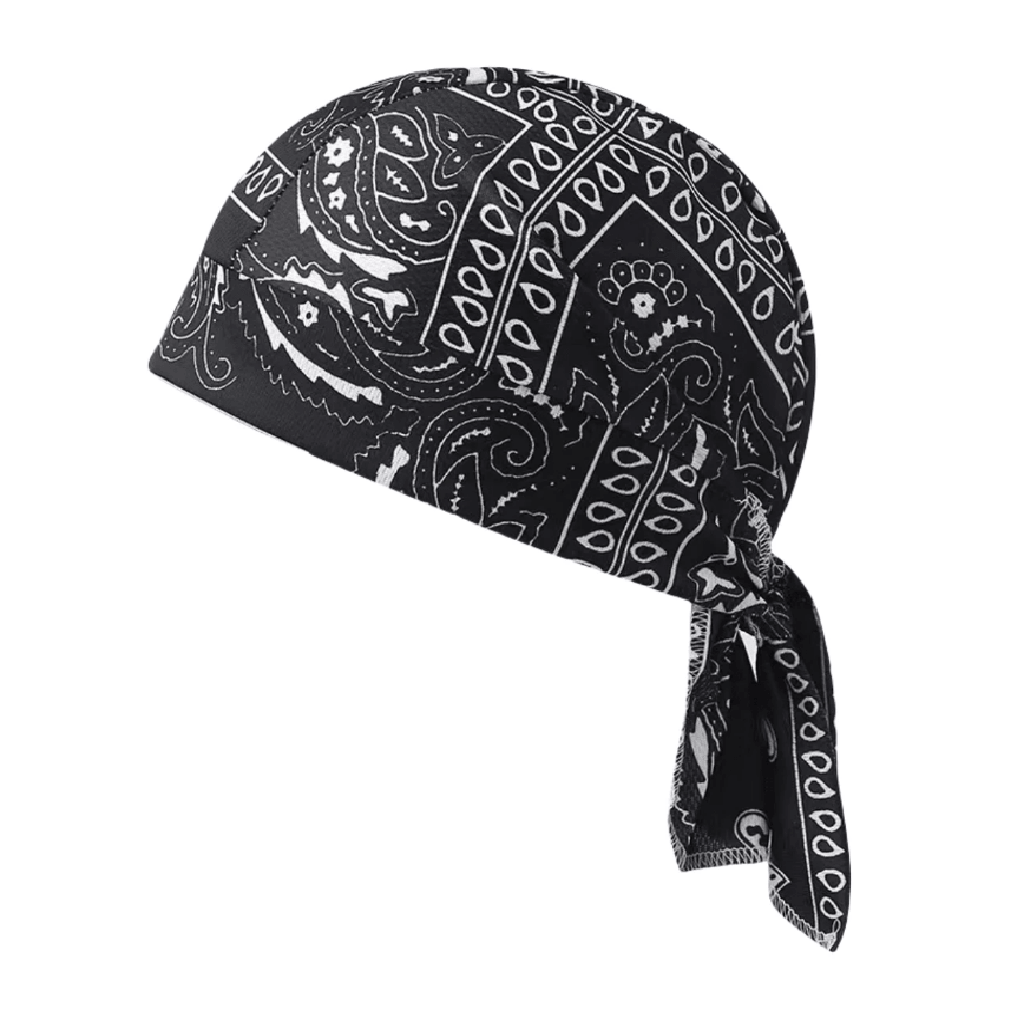 A black bandana headwrap with a white paisley pattern, tied at the bottom front, shown against a plain white background.