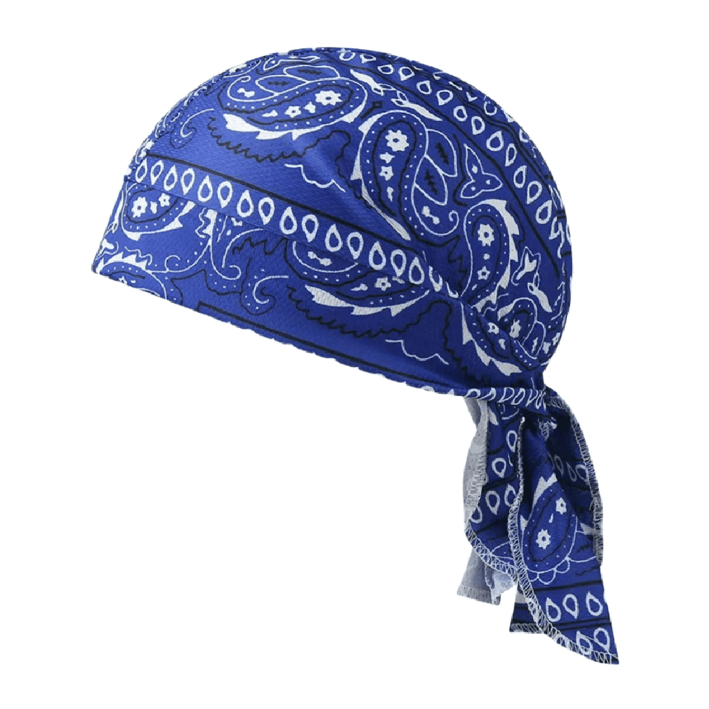 A blue and white paisley bandana headwrap tied under the chin, shown against a plain white background.