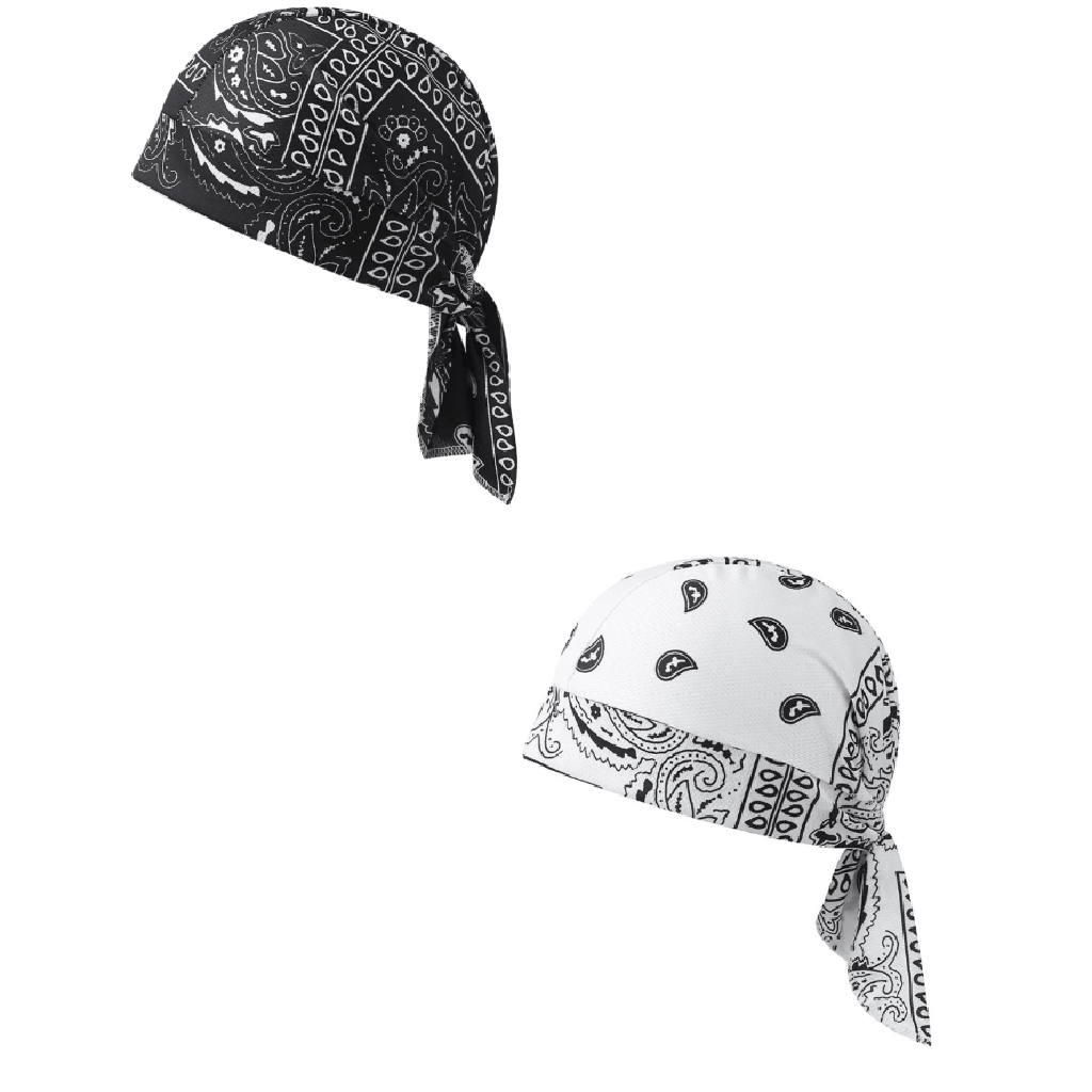 Two black-and-white paisley bandana-style headwraps shown on a plain white background, one above the other.
