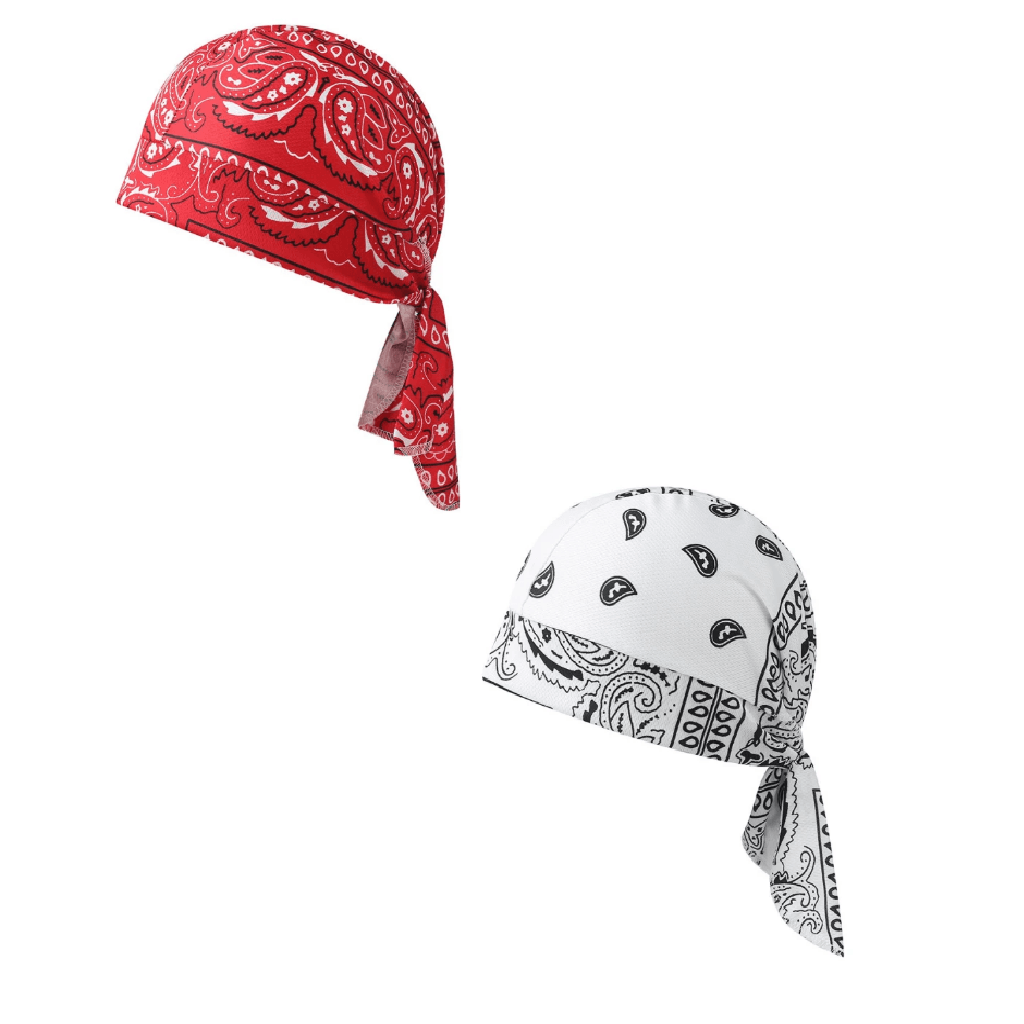 Two bandana-style headwraps on a plain white background: one red with a white paisley print and one white with a black paisley print.