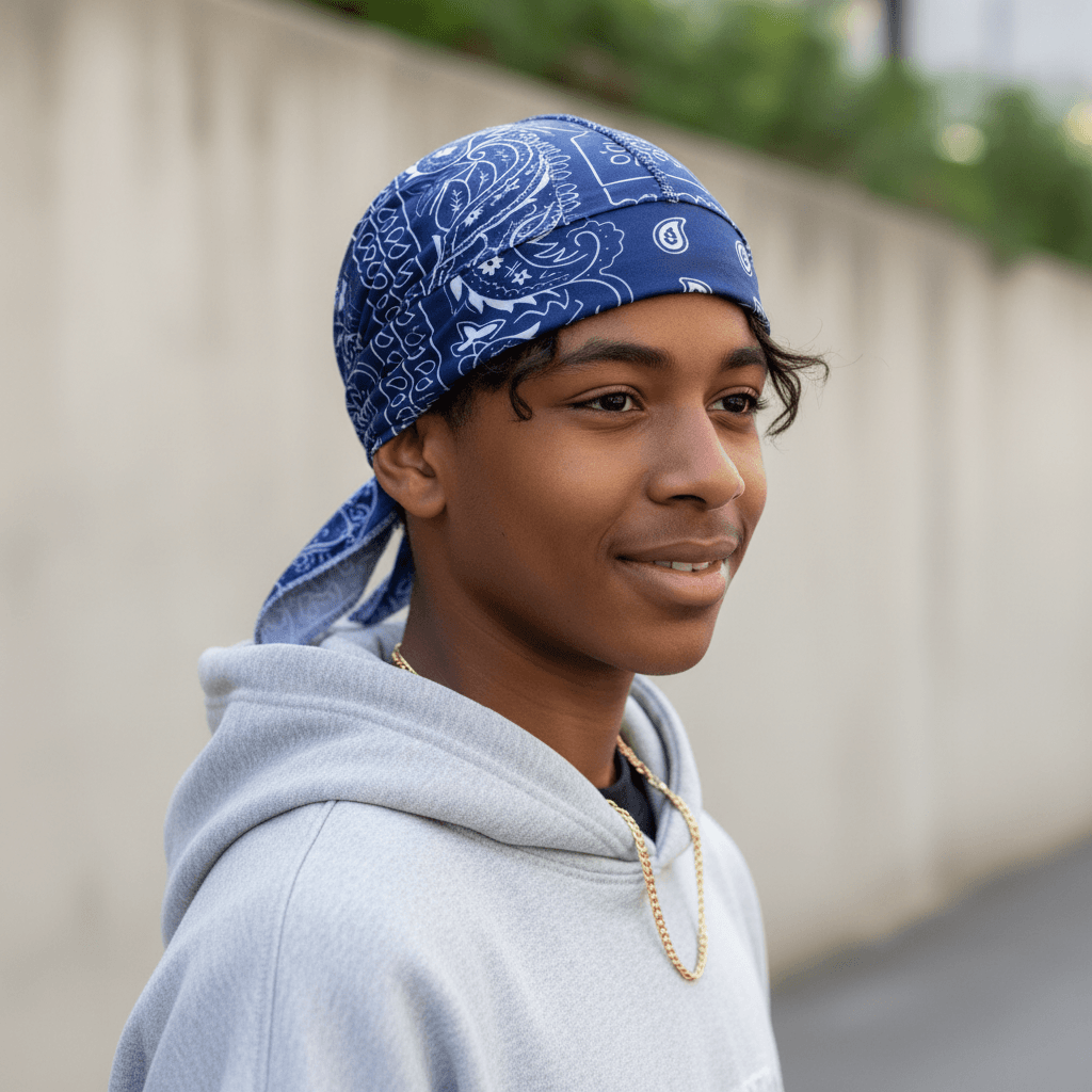 Person wearing a blue bandana and gray hoodie with a neutral background