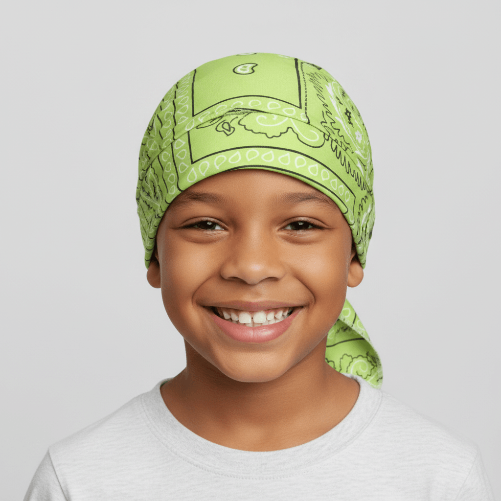 Child wearing a green patterned headscarf on a plain background