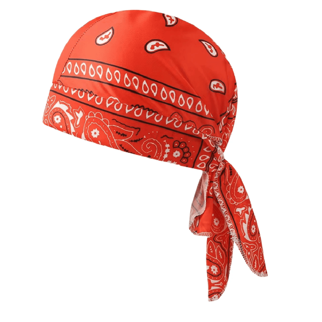 A red bandana-style headwrap with a white and black paisley pattern, shown on a plain white background.
