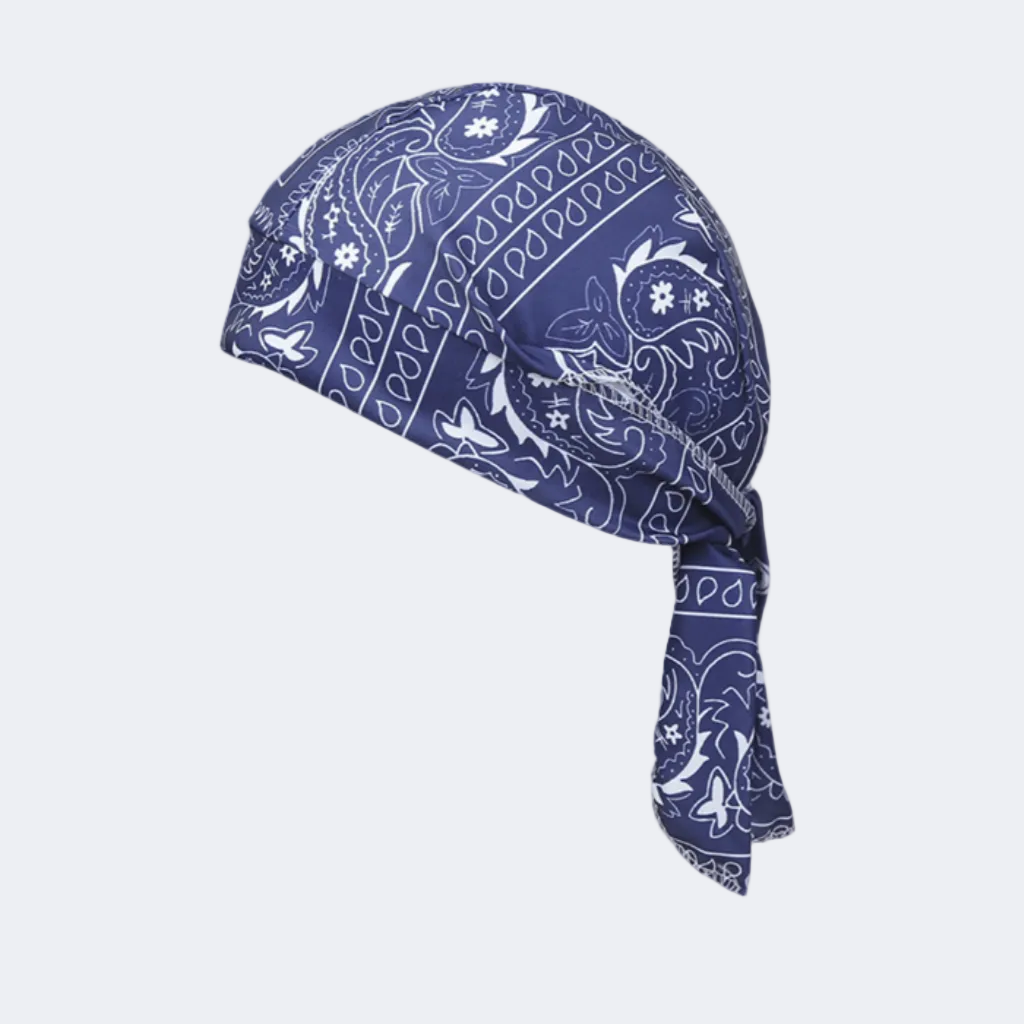 Blue bandana with white patterns on a light gray background