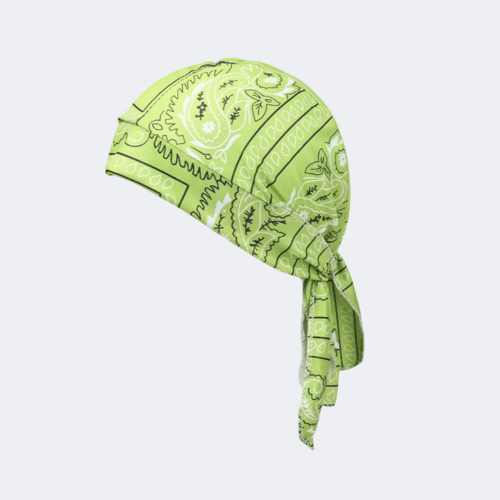 Green bandana with white patterns on a light gray background