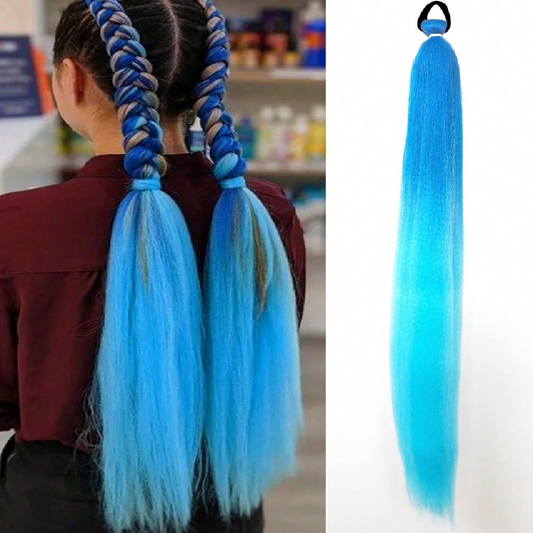 Blue hair extensions shown on a person and a white background