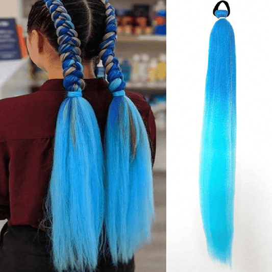 Blue hair extensions shown on a person and a white background