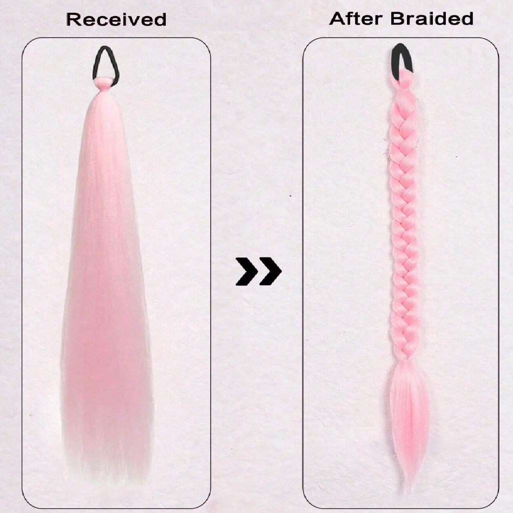 Comparison of a pink hair extension before and after braiding on a white background.