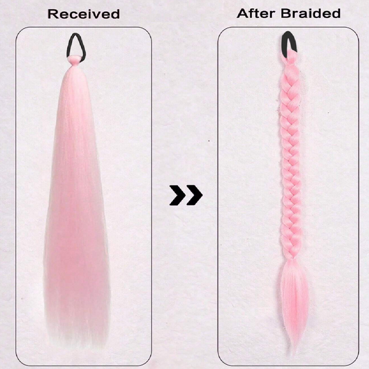 Comparison of a pink hair extension before and after braiding on a white background.