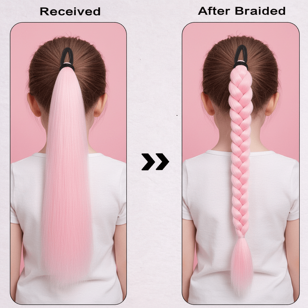 Comparison of a pink hair extension before and after braiding on a white background.