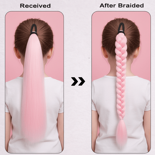 Comparison of a pink hair extension before and after braiding on a white background.
