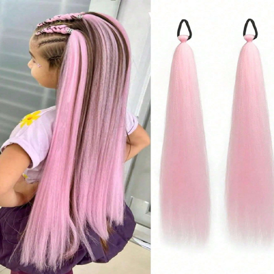 Pink hair extensions with a child wearing them and close-up views on a white background.