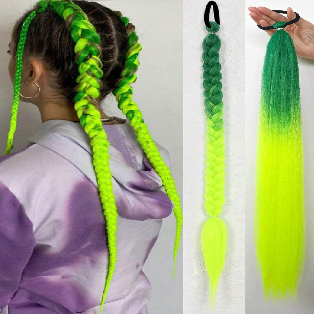 Neon green and blue hair extensions shown on a person and displayed separately.